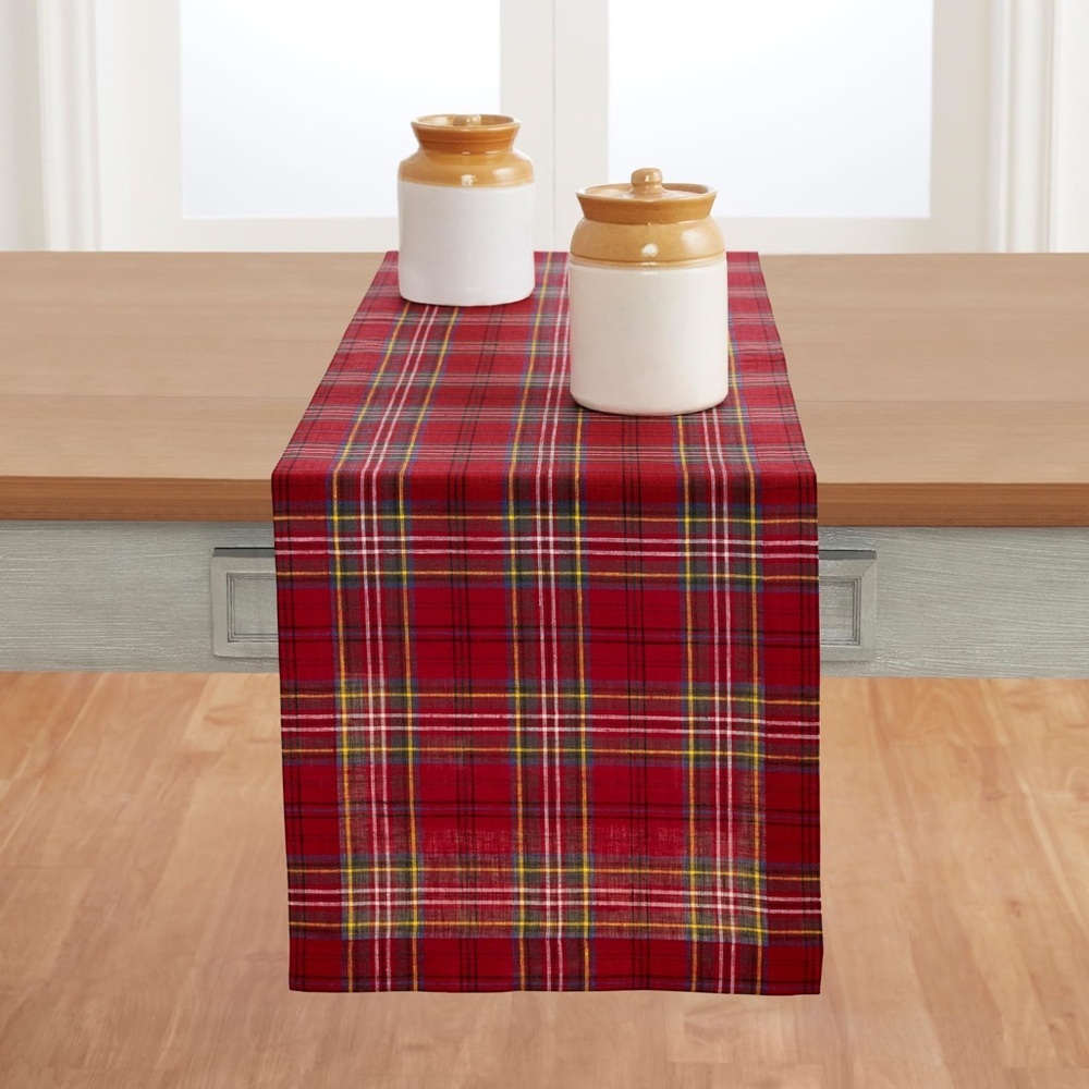 Solino Home Table Runner 72” Long – 100% Pure Linen Red Classic Tartan Plaid